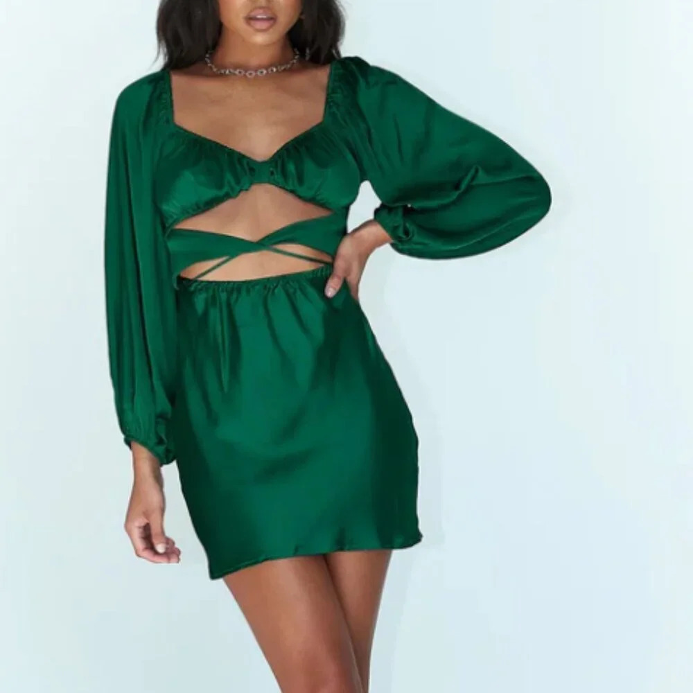 Princess  Polly Nikita Satin Effect Long Sleeve Mini Dress Green Size 6